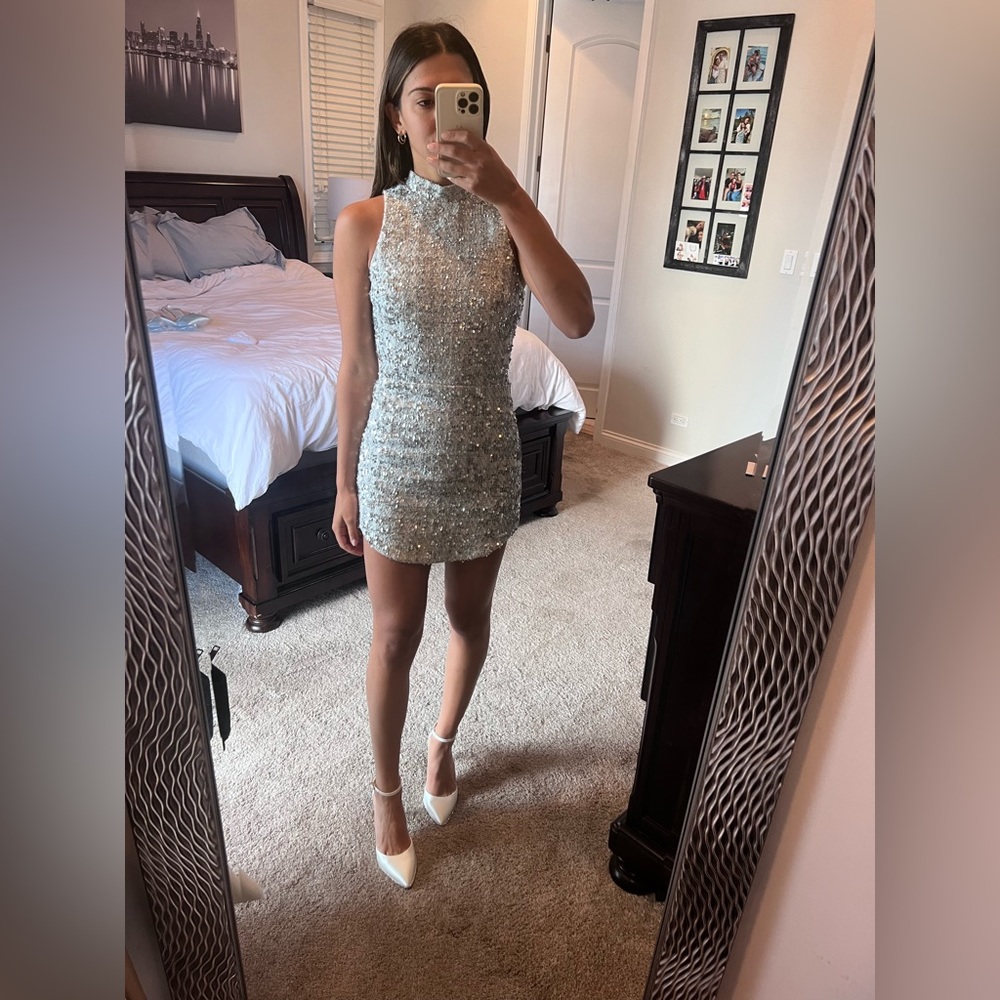 Amanda Uprichard Silver Sequin High-Neck Mini Dress